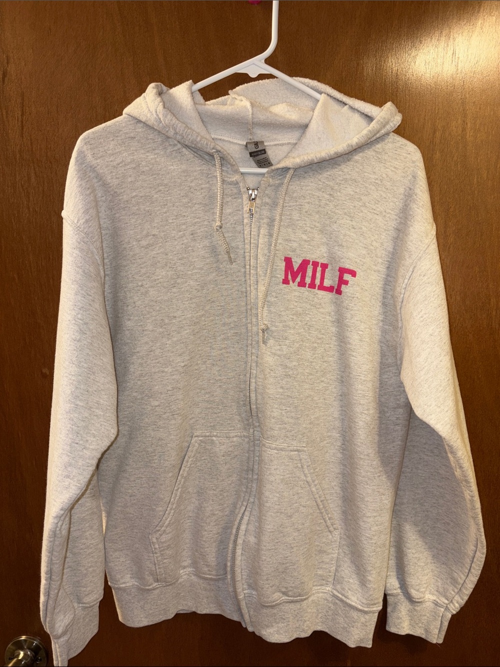 Light Gray Zip Hoodie with Pink 'MILF' Chest Print (SWEETEES)
